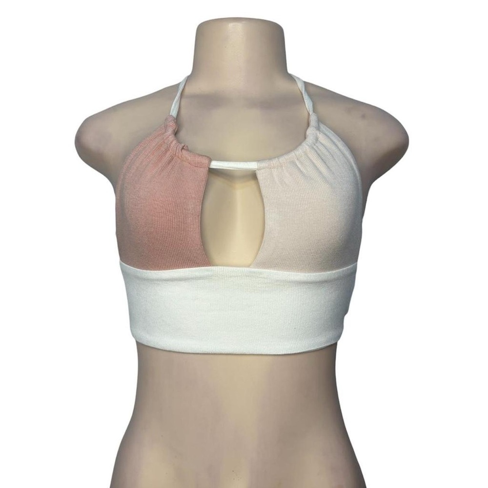 Colorblock Ribbed Halter Crop Top — Blush, Pale Pink & White